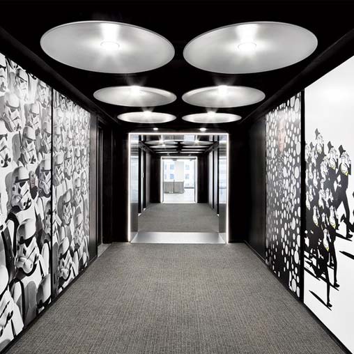 A hallway with a ceiling of lights.