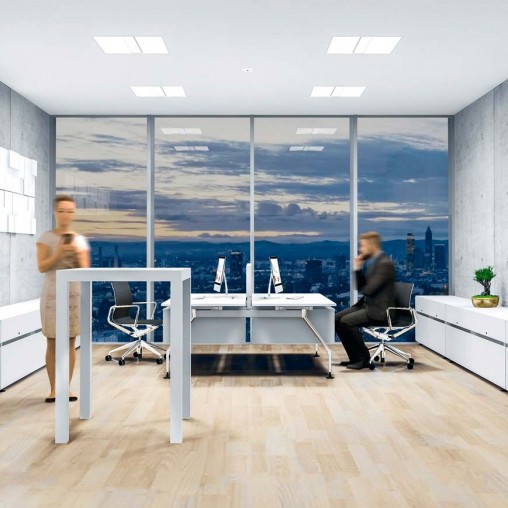 A man and a woman in an office.