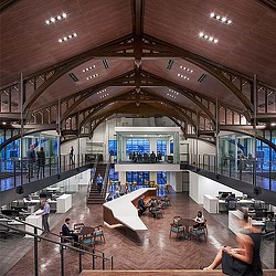 A group of people in a building.