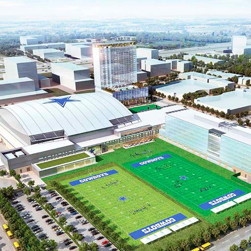 A sports stadium with a field.