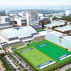 A sports stadium with a field.