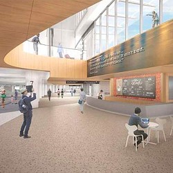 A group of people in a large building.