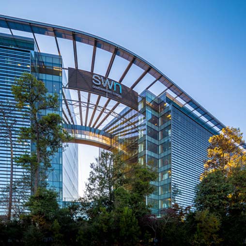 A building with glass windows.