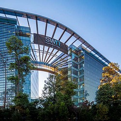 A building with glass windows.