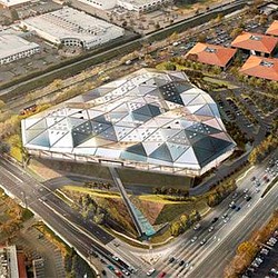 Aerial view of a sports stadium.