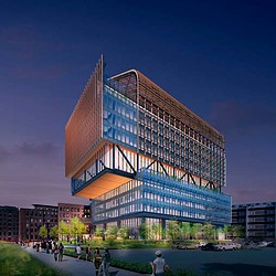 A building with a glass front.