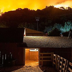 A building with a fence and trees in the background.