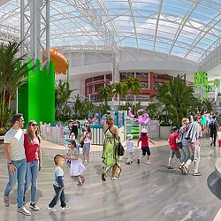 A group of people walking around a building.