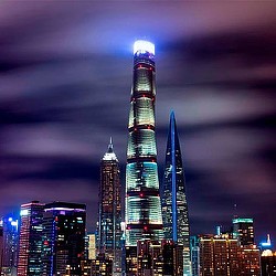 A city skyline at night.