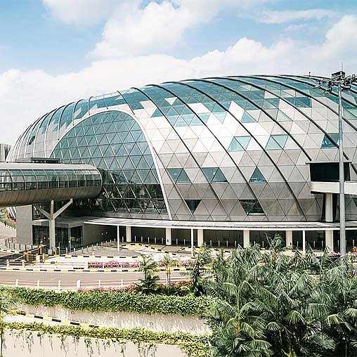 A large glass building.