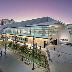 A building with a glass front.