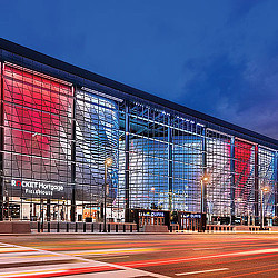 A building with a glass front.