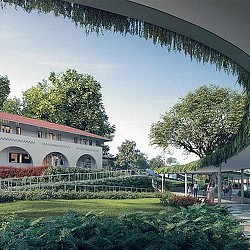 A garden in front of a building.