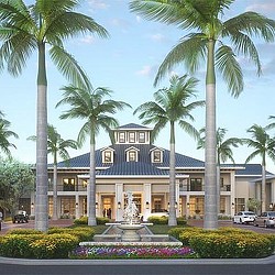 A fountain in front of a building.