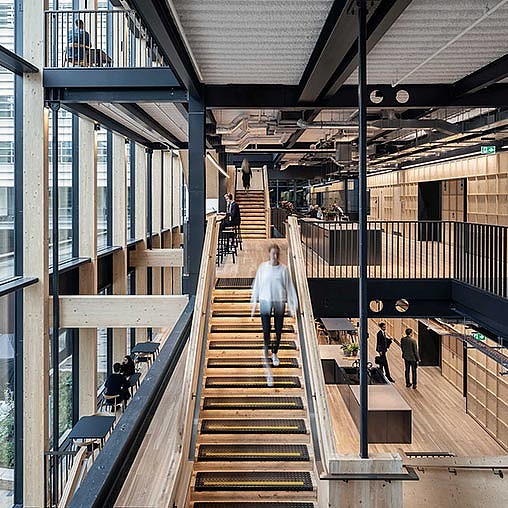 A long staircase in a building.