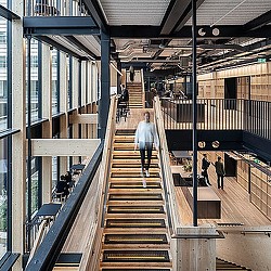 A long staircase in a building.