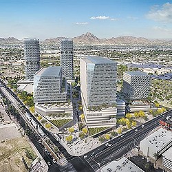 A high angle view of a city.