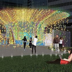 A group of people walking on a stage with lights.