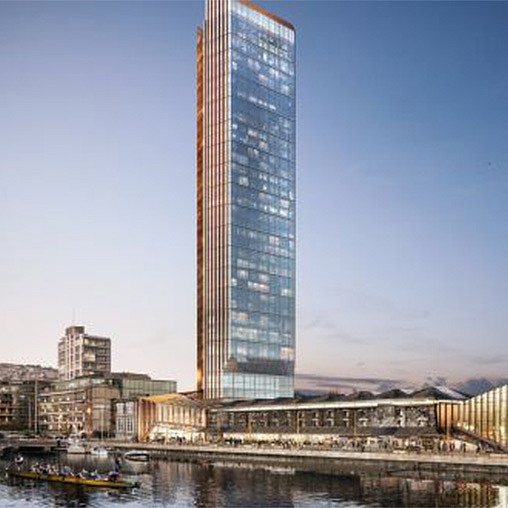 A tall glass building.