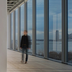 A person standing in front of a large window.