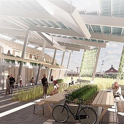 A bike parked in a large building.