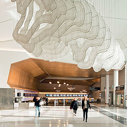 People walking in a large building.