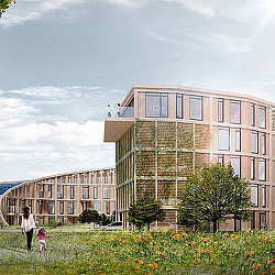 A person and a child walking outside of a building.