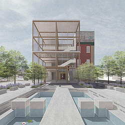 A building with a glass front.