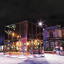 A building with lights on it.