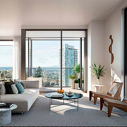 A living room with a large window.