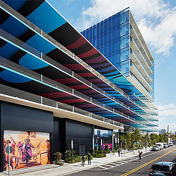 A building with a glass front.