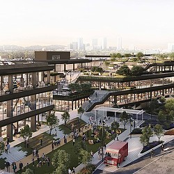 A city with a bus and people.