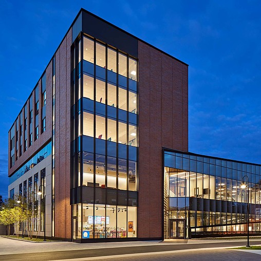 A building with glass windows.