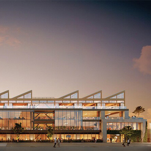 A building with a glass front.