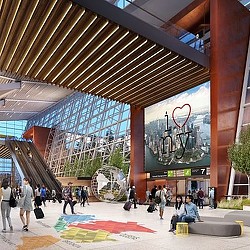 A group of people in a large building.