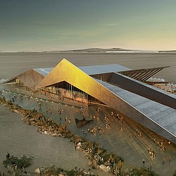 A group of pyramids in a desert.