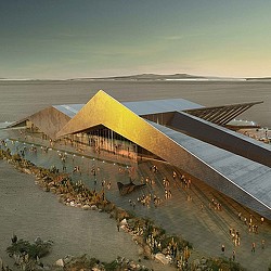 A group of pyramids in a desert.