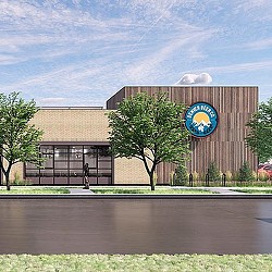 A building with a large sign.