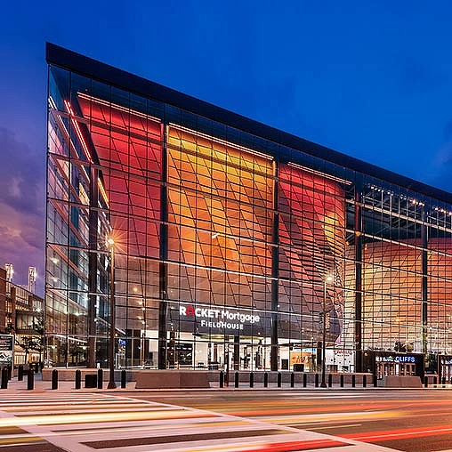 A building with a large glass front.