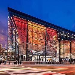 A building with a large glass front.
