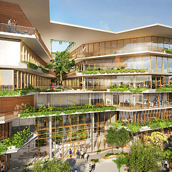 A building with a courtyard and trees.