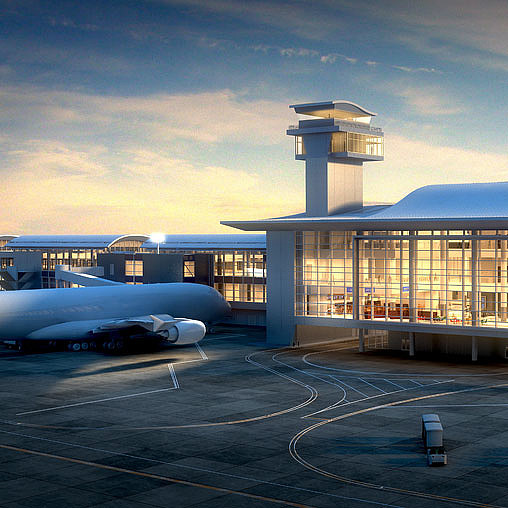 A large building with a large glass window and a large airplane in front.