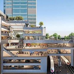 A high angle view of a city.