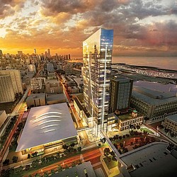 A city with tall buildings.