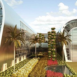 A building with palm trees and a courtyard.