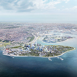 An aerial view of a city.