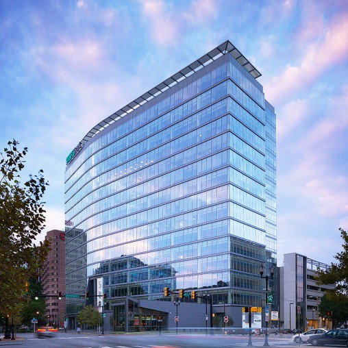 A large glass building.