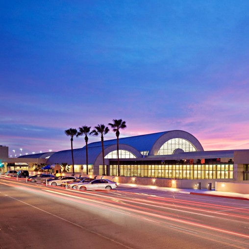 A building with a dome roof and palm trees in front of it.