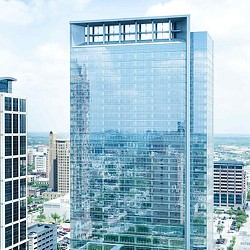 A tall glass building.