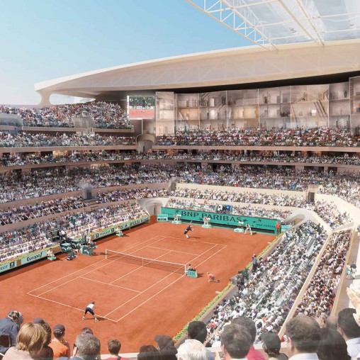 A tennis match in a stadium.
